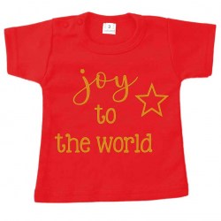 Kerst tshirt rood joy to the world goud